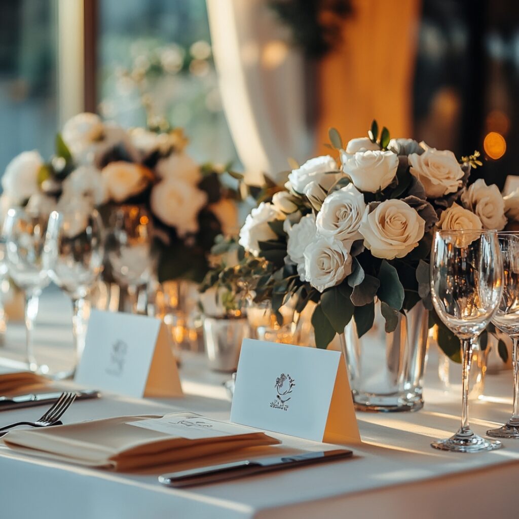 Special family tables at a wedding banquet, placed near the head table for close relatives, decorated with personalized name cards for a warm atmosphere.
