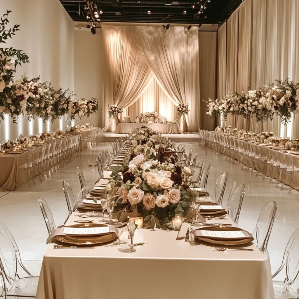 A wedding reception featuring a head table at the focal point, decorated with elegant centerpieces, surrounded by banquet seating for guests.