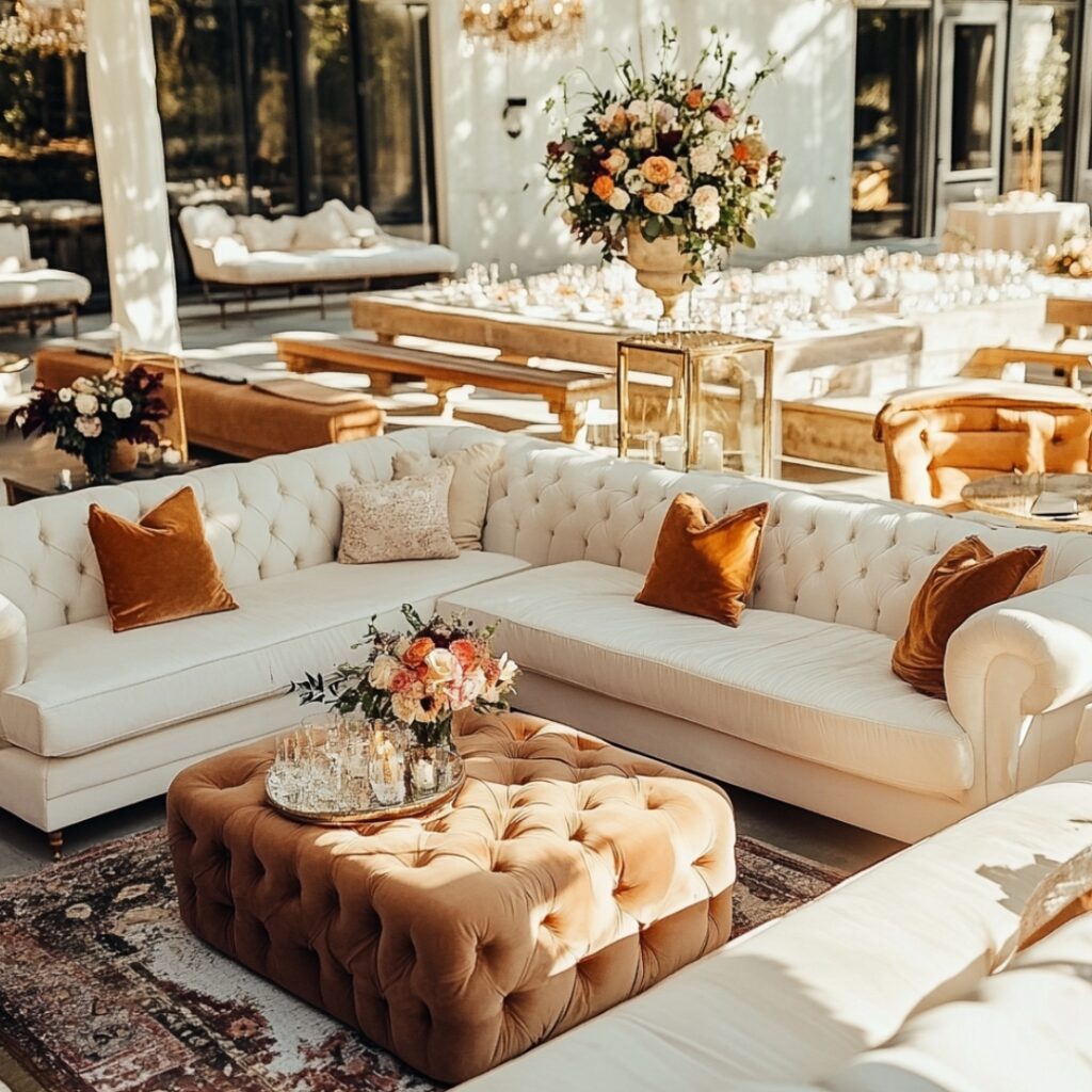 A stylish blend of banquet seating with lounge areas, featuring cozy sofas and coffee tables for a relaxed and inviting wedding reception vibe.