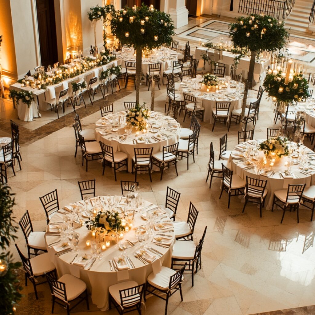 A wedding reception featuring a head table at the focal point, decorated with elegant centerpieces, surrounded by banquet seating for guests.