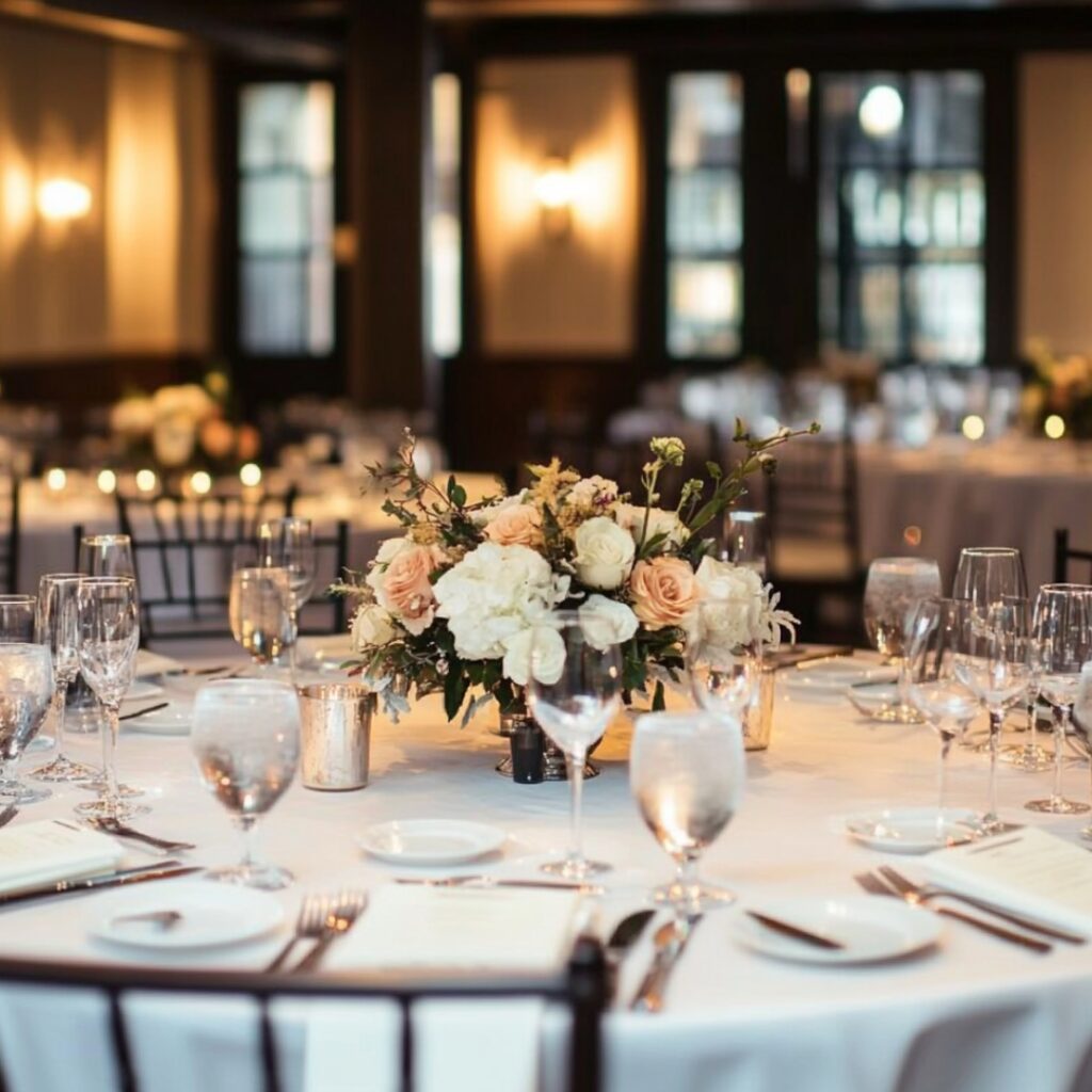 Rustic long rectangular banquet tables, beautifully decorated with greenery and candles, creating a communal, family-style wedding dining experience.