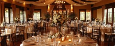 A beautifully arranged wedding reception featuring a variety of banquet seating styles, creating a warm and inviting atmosphere for guests to celebrate and interact.