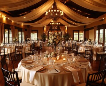 A beautifully arranged wedding reception featuring a variety of banquet seating styles, creating a warm and inviting atmosphere for guests to celebrate and interact.