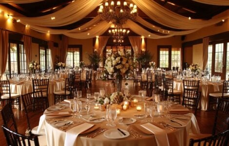 A beautifully arranged wedding reception featuring a variety of banquet seating styles, creating a warm and inviting atmosphere for guests to celebrate and interact.