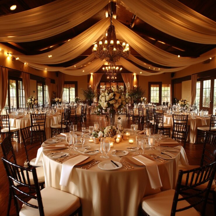 A beautifully arranged wedding reception featuring a variety of banquet seating styles, creating a warm and inviting atmosphere for guests to celebrate and interact.