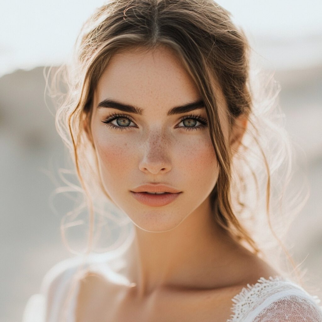 A natural, minimalist bridal look with sheer foundation, neutral eyes, and soft nude lips for effortless beauty at a beach wedding.