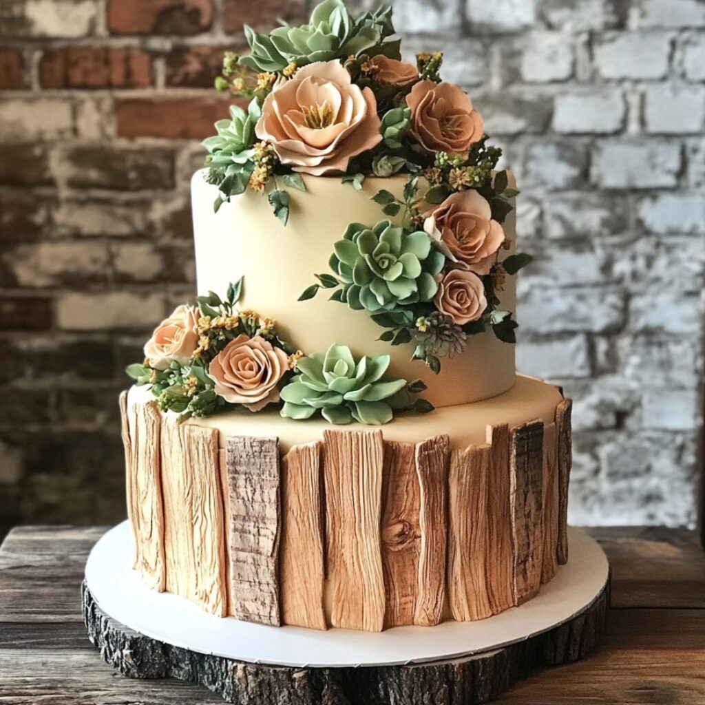 A barn-themed wedding cake with an edible wood grain design, resembling wooden planks, decorated with edible flowers and succulents for a rustic touch.