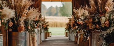 A barn wedding aisle decorated with rustic elements like vintage milk cans, hay bales, and pampas grass, creating a magical and charming atmosphere for the ceremony.