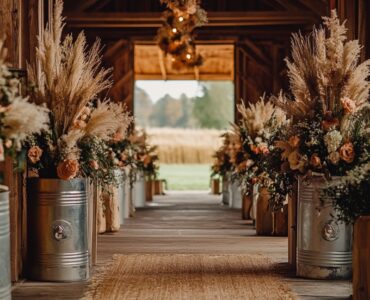 A barn wedding aisle decorated with rustic elements like vintage milk cans, hay bales, and pampas grass, creating a magical and charming atmosphere for the ceremony.