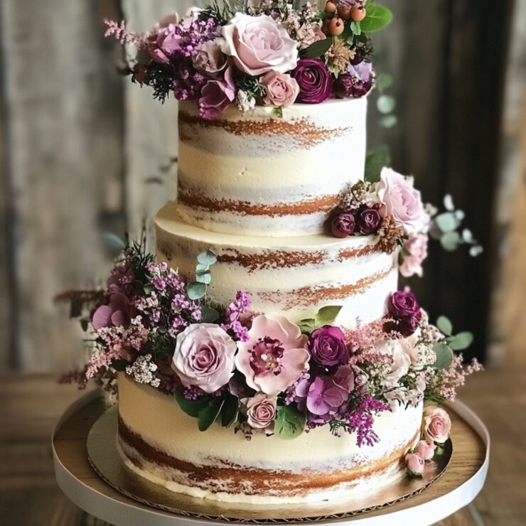 A collection of rustic barn wedding cake ideas, including semi-naked and floral watercolor designs, offering charm, elegance, and natural elements for your special day.