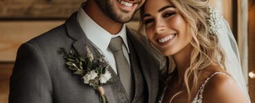 Couple at a barn wedding showcasing perfectly coordinated outfits that balance rustic charm and unique style, capturing the essence of their love story.