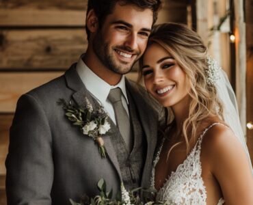 Couple at a barn wedding showcasing perfectly coordinated outfits that balance rustic charm and unique style, capturing the essence of their love story.