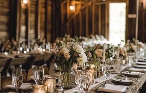 A collection of charming barn wedding table setting ideas, showcasing rustic simplicity, vintage glamour, and whimsical themes, designed to enhance the overall ambiance and reflect personal style for a memorable celebration.