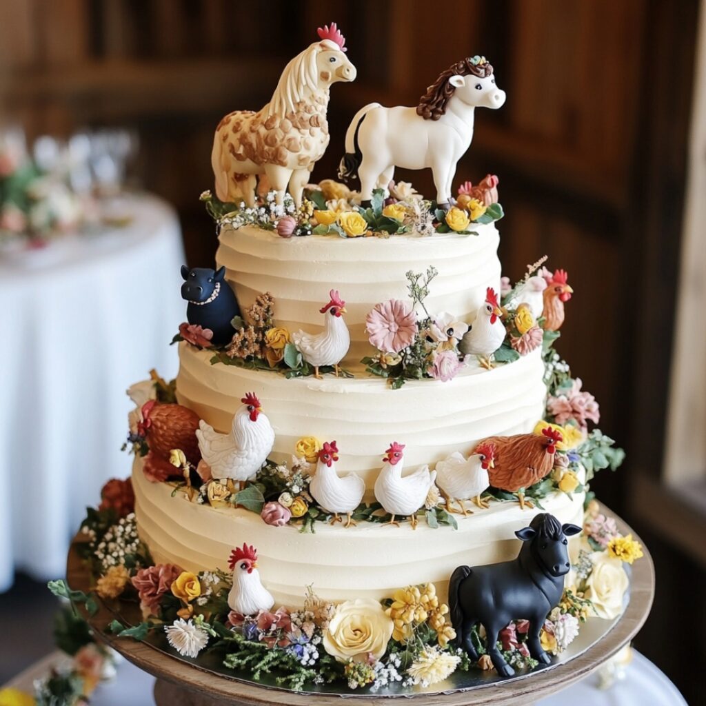 A rustic wedding cake with playful barnyard animal toppers, featuring cows, chickens, and horses, adding charm and personality to a barn wedding.