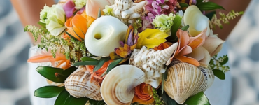A beautiful assortment of beach wedding bridal bouquet ideas featuring tropical blooms, seashell accents, and driftwood, inspiring the perfect seaside arrangement.