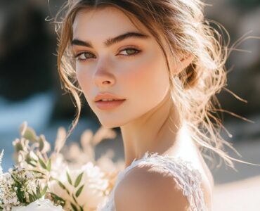 A bride feeling confident and radiant with beach-inspired makeup ideas, ranging from natural to bold looks, perfect for enhancing beauty on her wedding day by the sea.