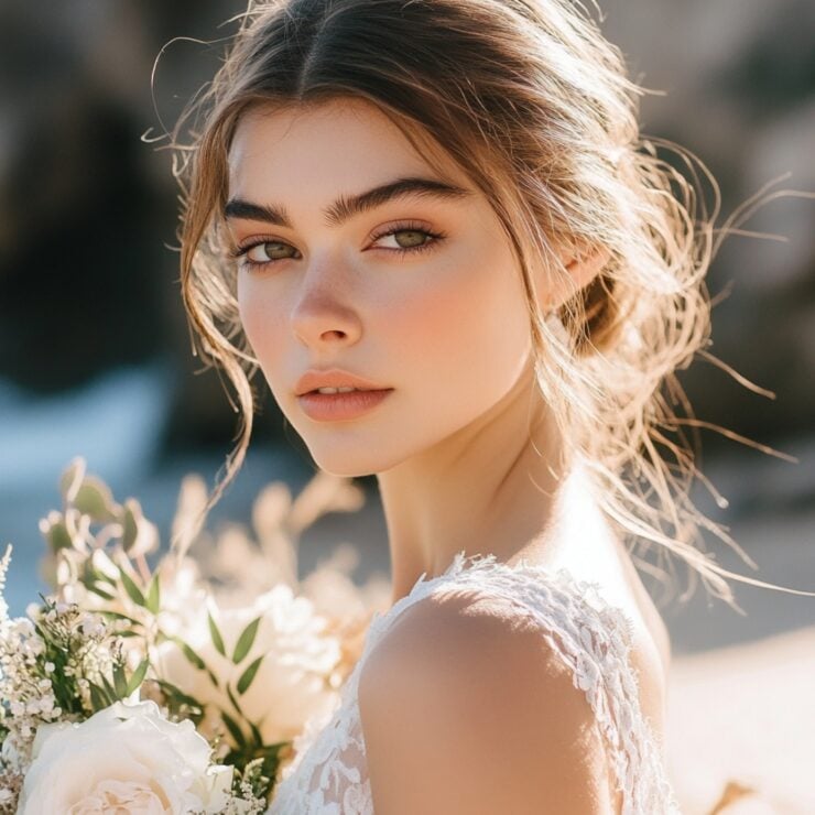 A bride feeling confident and radiant with beach-inspired makeup ideas, ranging from natural to bold looks, perfect for enhancing beauty on her wedding day by the sea.