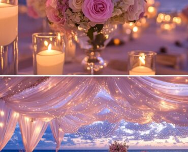 A romantic beach wedding reception blending the beauty of the seaside with personal touches, featuring oceanfront lounge areas, seaside dining, and a stunning sunset backdrop to create a memorable experience for guests.