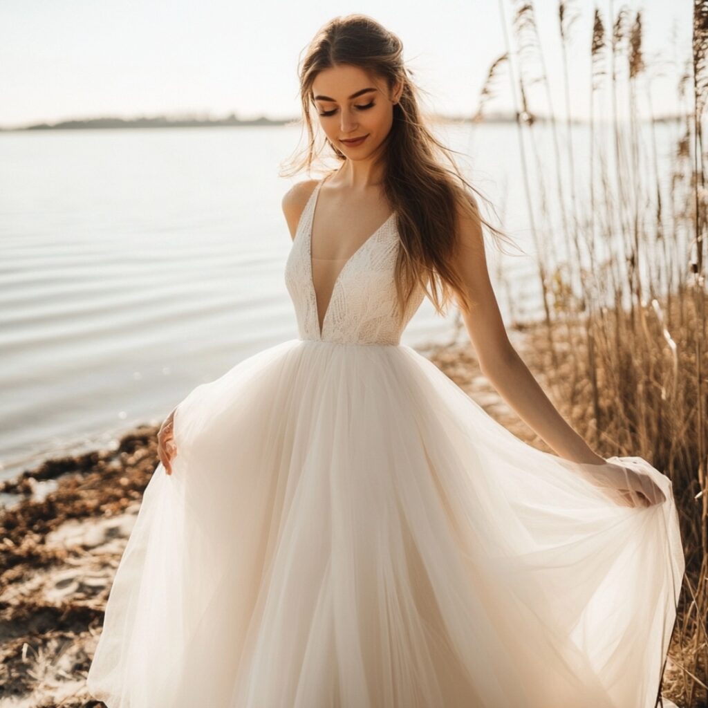 A beachy tulle wedding dress with soft layers and a simple bodice, creating an airy, whimsical look perfect for a lakeside wedding.