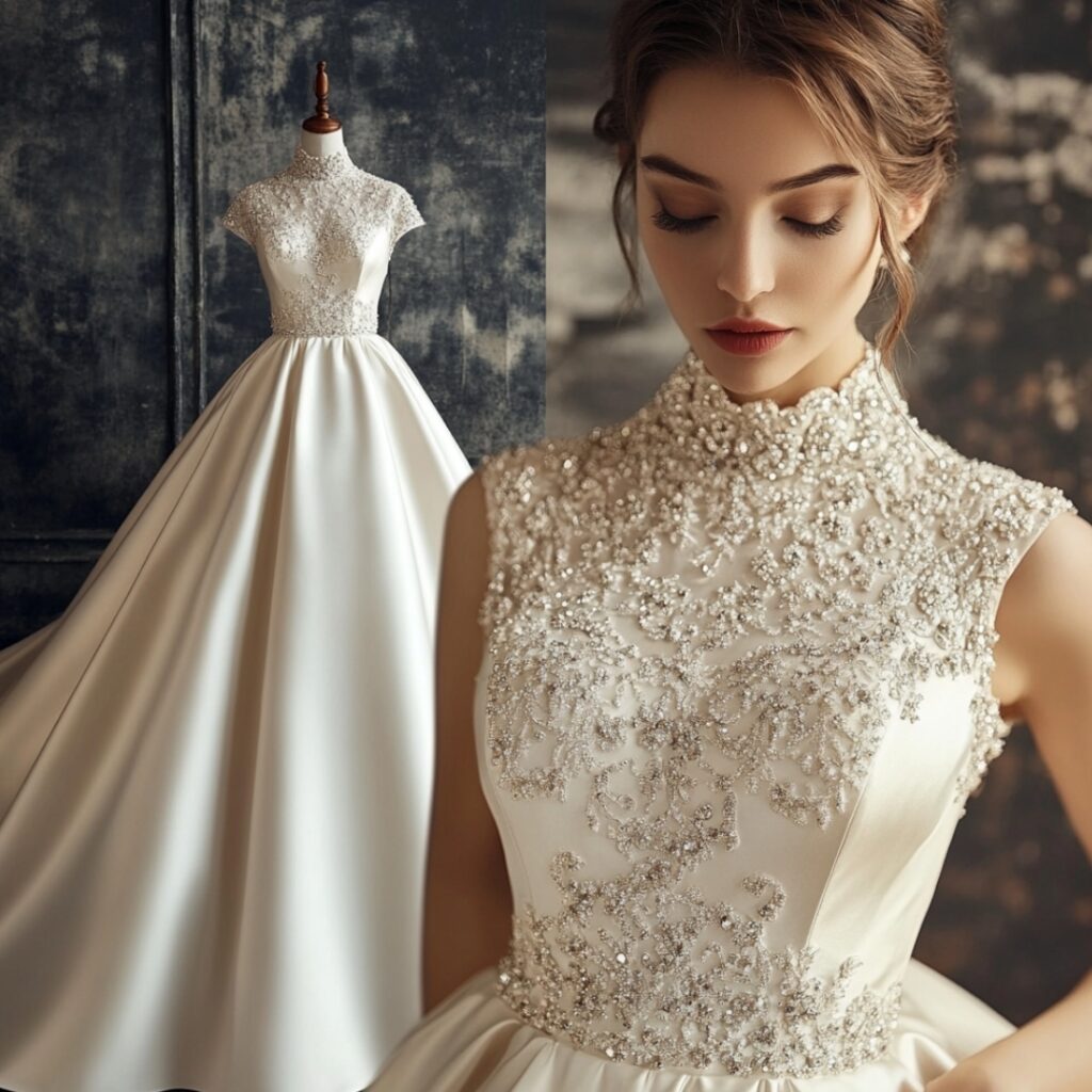 Glamorous beaded A-line satin gown with intricate beadwork along the neckline, designed to flatter all body types while adding sparkle and elegance.