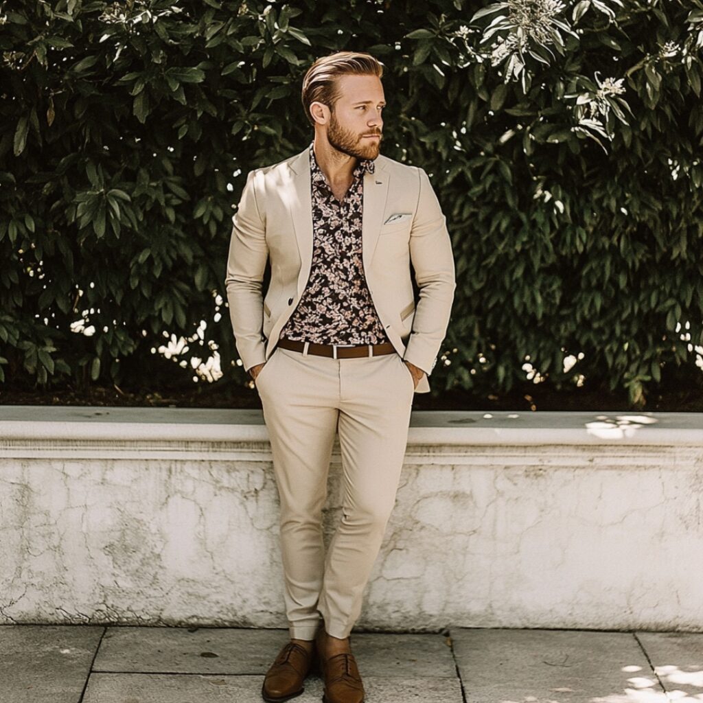 A groom in a beige suit paired with a dark floral shirt, brown loafers, and minimal accessories for a casual yet polished September wedding look.