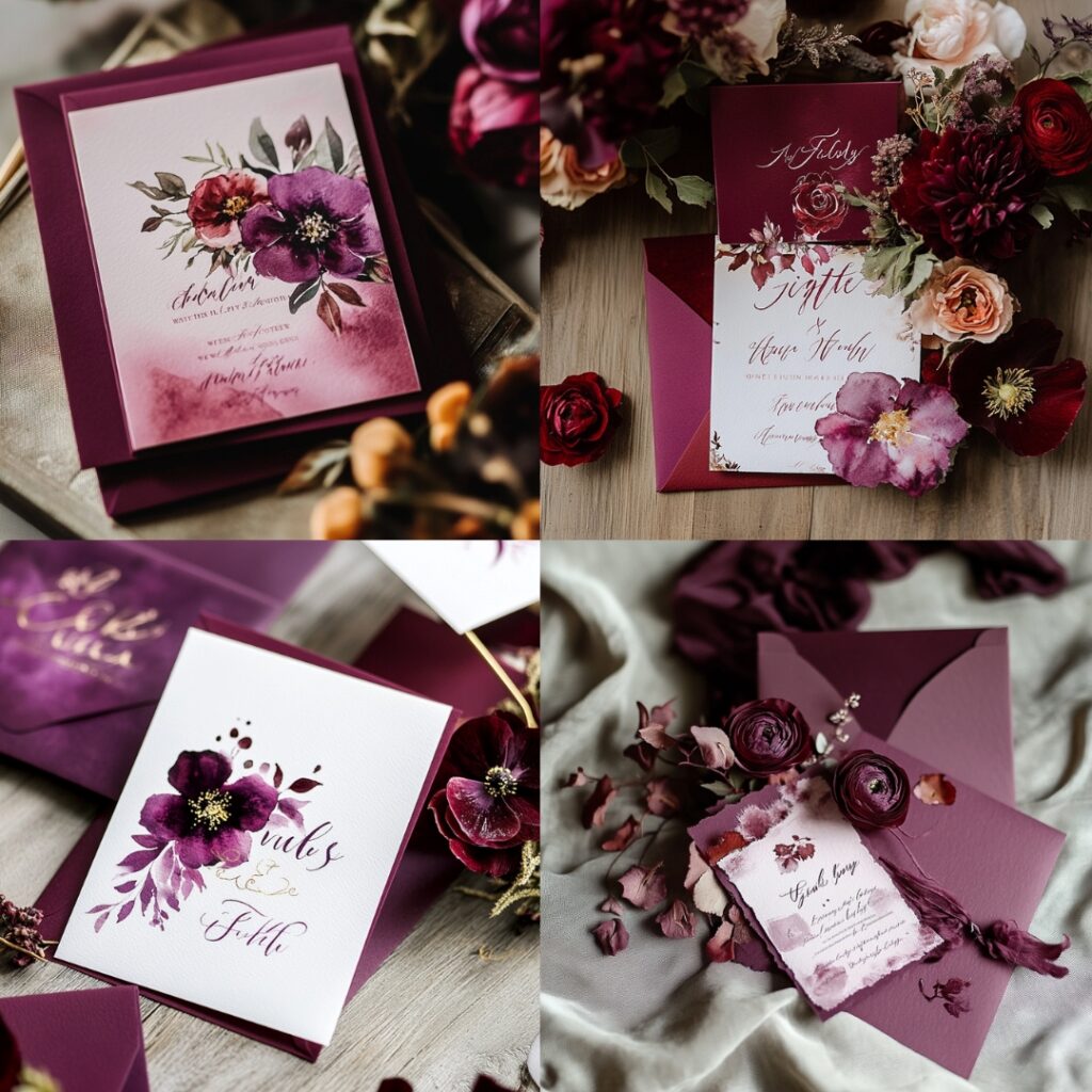 Invitations showcasing rich burgundy and plum colors, featuring elegant typography and soft watercolor designs, highlighting the wedding theme.