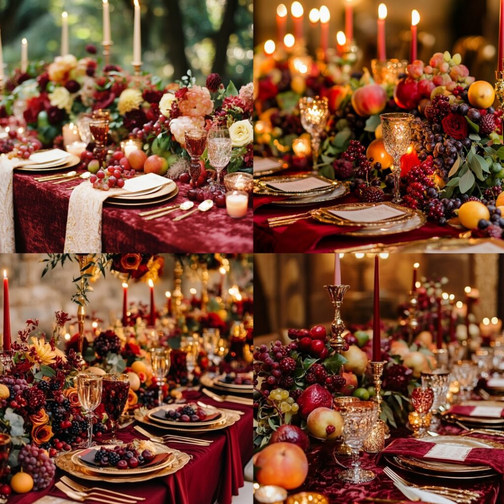 An elegant reception table set with deep red linens, golden accents, and romantic centerpieces featuring candles and seasonal fruits in berry shades.