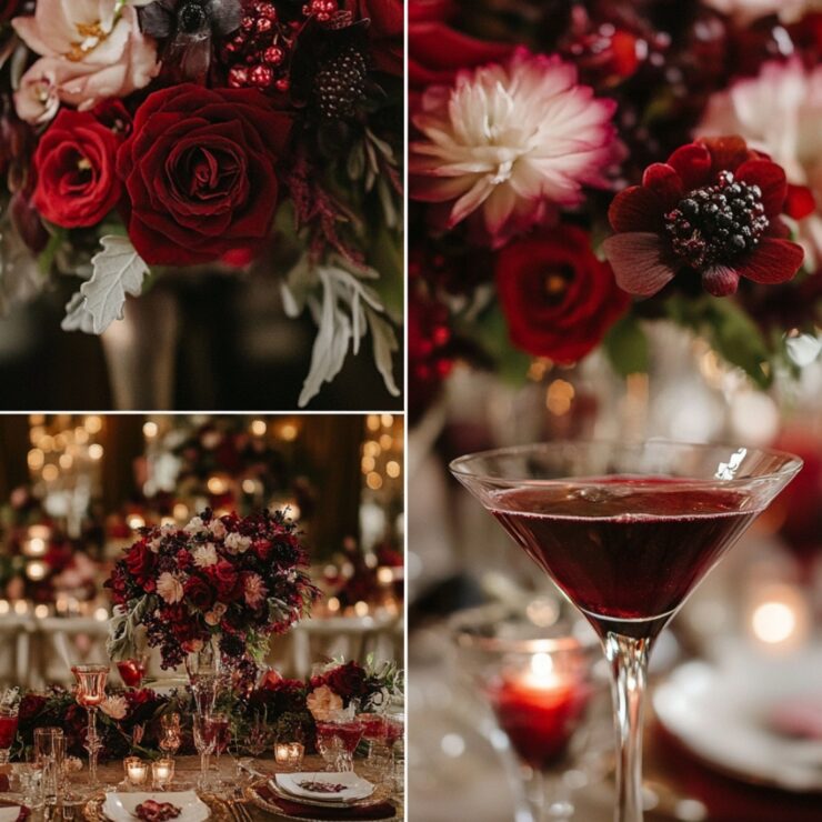 A romantic celebration featuring berry tones, showcasing beautiful decor elements like bouquets, table settings, and cocktails to reflect love and style.