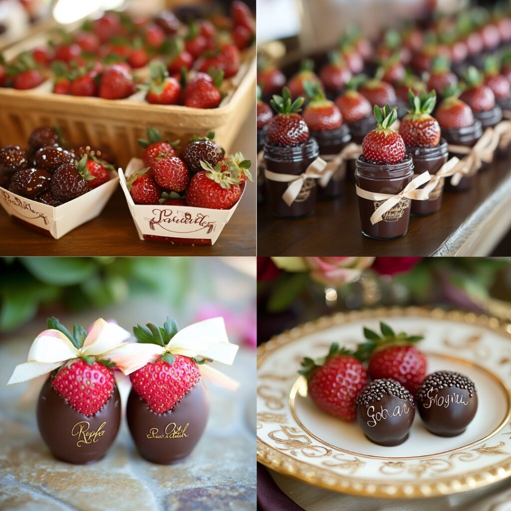 Delightful wedding favors featuring berry jam and chocolate-covered strawberries, personalized with the couple's names and wedding date.