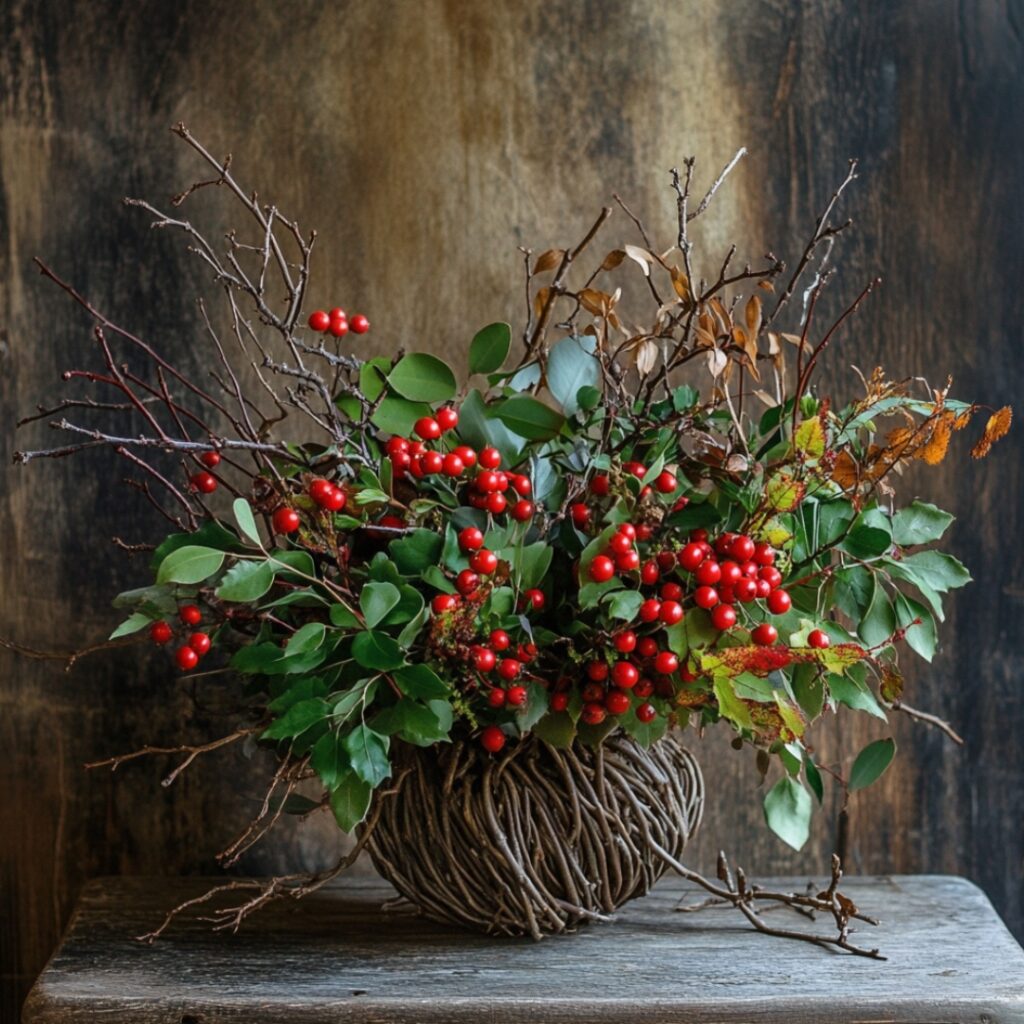 A woodland-inspired fall centerpiece combining seasonal branches, vibrant red berries, and deep green foliage, offering an organic and earthy touch to autumn celebrations.
