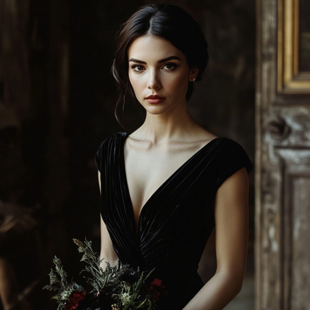 A luxurious black velvet bridesmaid dress exuding sophistication and mystery, perfect for a chic, gothic-themed Halloween wedding.