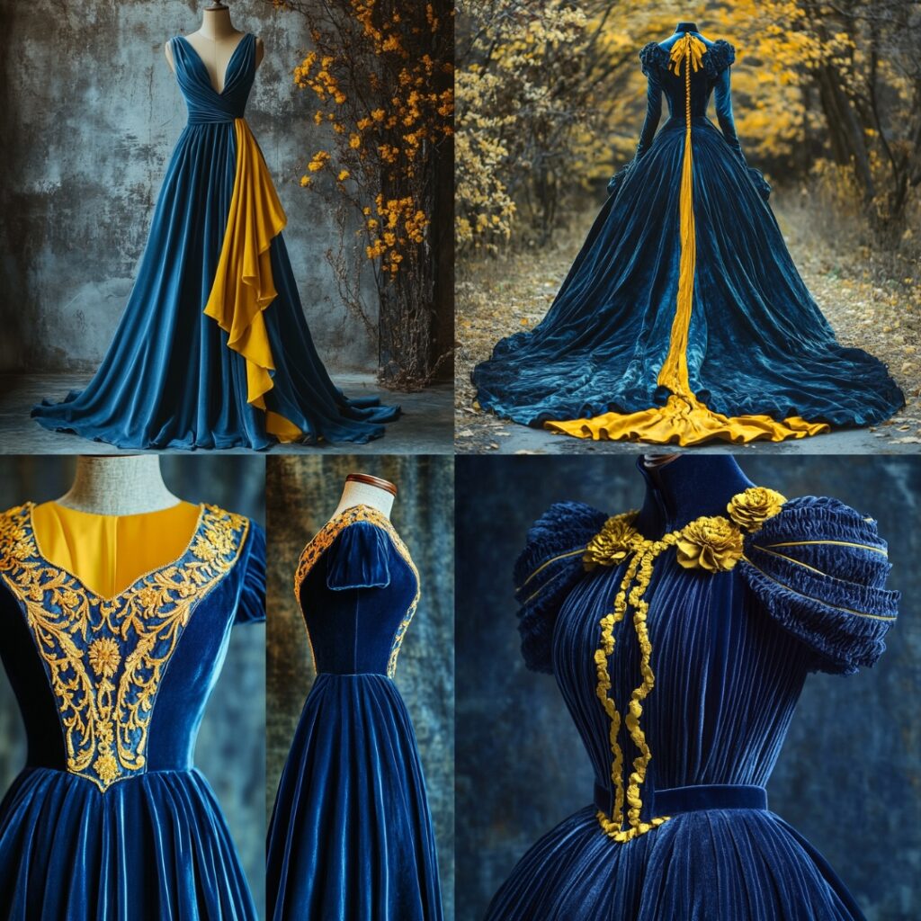 Luxurious blue velvet bridesmaid dress with yellow details, combining rich texture and vibrant accents, ideal for fall or winter weddings.