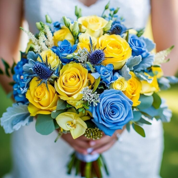 Beautifully arranged blue and yellow wedding bouquets symbolize love and happiness, perfect for creating unforgettable centerpieces that resonate with personal style.