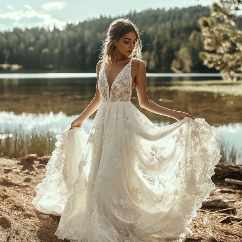 A bohemian-inspired wedding dress featuring flowing layers, light fabrics, and floral lace details, ideal for a carefree lakefront celebration.