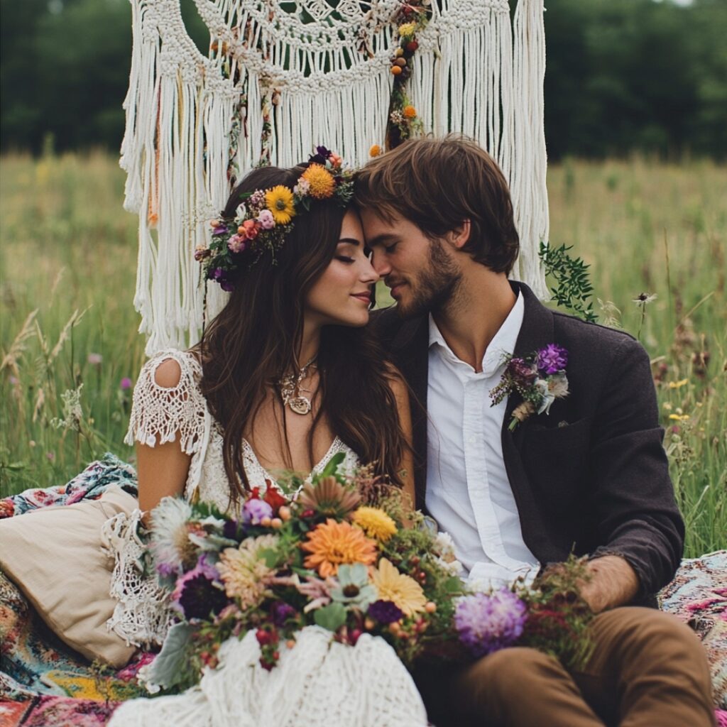 A bohemian outdoor wedding with eclectic decor, macramé hangings, dreamcatchers, mismatched vintage furniture, floral crowns, and colorful wildflowers.
