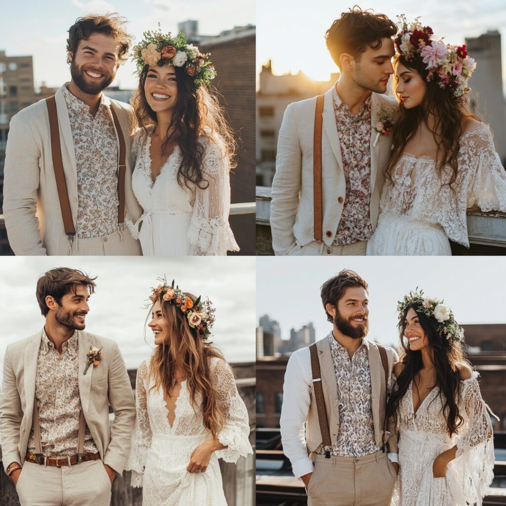 A bride wearing a whimsical lace gown with bell sleeves and a floral crown, alongside a groom in a neutral linen suit with a patterned shirt and suspenders, embodying bohemian vibes for a rooftop ceremony.