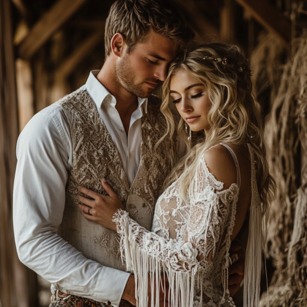 Boho barn wedding couple with the groom in a light vest and patterned pants, and the bride in a flowing lace dress, accessorized with fringed accents.