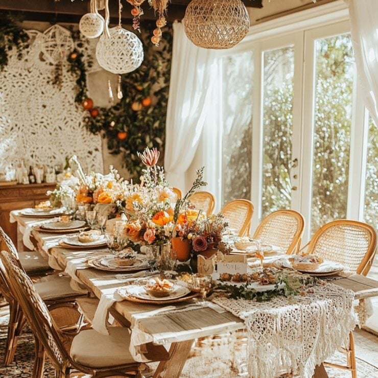 A beautifully decorated boho bridal shower celebrating the bride-to-be with unique themes, delicious food, and an inviting atmosphere, focused on love and friendship.