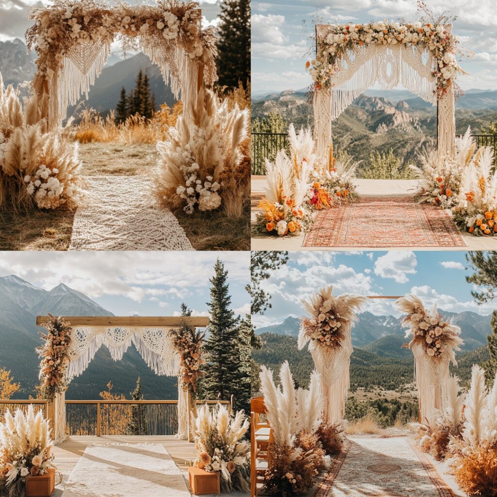 Macramé decor, dried florals, and pampas grass bring a dreamy, boho-chic vibe to your mountain ceremony, complementing the rugged backdrop with relaxed elegance.