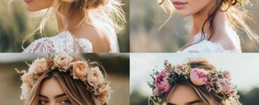 Collage of various boho flower crown hairstyles, showcasing individuality and the romantic essence of nature for brides on their special day.