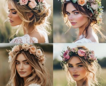 Collage of various boho flower crown hairstyles, showcasing individuality and the romantic essence of nature for brides on their special day.