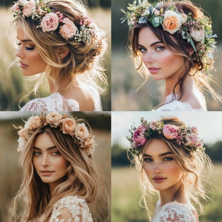 Collage of various boho flower crown hairstyles, showcasing individuality and the romantic essence of nature for brides on their special day.