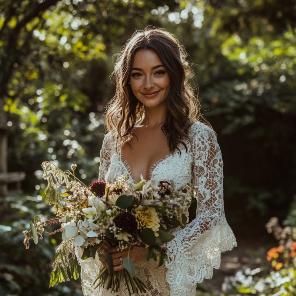 Bride in a boho-inspired sheath dress with bell sleeves, perfect for a relaxed and stylish September wedding in an outdoor or garden setting.