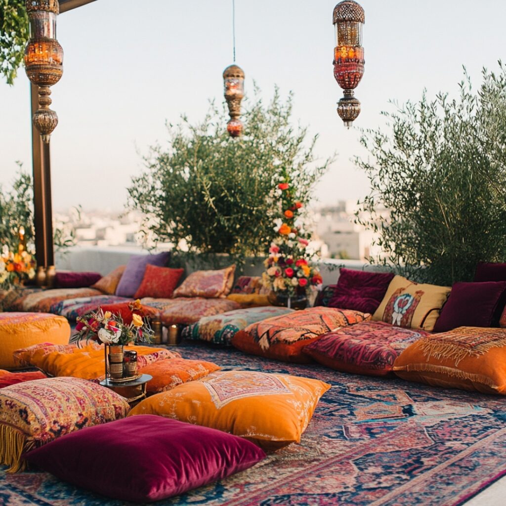 Colorful boho rugs and floor seating with plush pillows create a cozy, relaxed vibe for a rooftop wedding, perfect for sunset ceremonies or lounge areas.