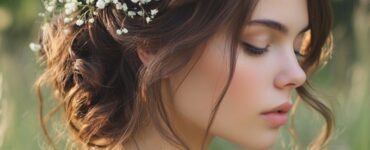 A boho updo wedding hairstyle, showcasing elegance and natural beauty, perfect for brides embracing a relaxed, ethereal aesthetic.