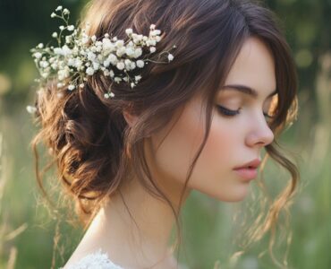 A boho updo wedding hairstyle, showcasing elegance and natural beauty, perfect for brides embracing a relaxed, ethereal aesthetic.