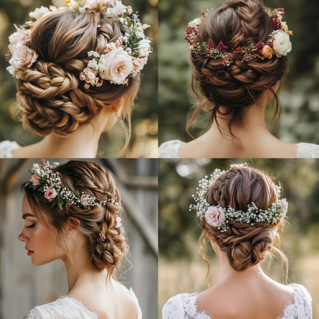 A stunning braided updo featuring multiple twisted braids secured in a bun, adorned with a floral crown, perfect for an elegant bohemian bride.