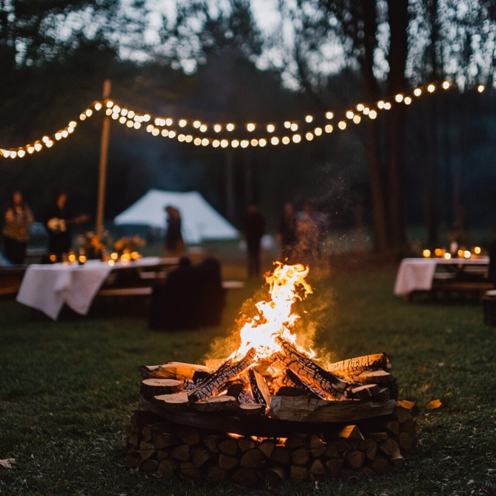 A romantic bonfire celebration with s'mores, spiced cider, string lights, blankets, and acoustic music for a cozy fall engagement party.