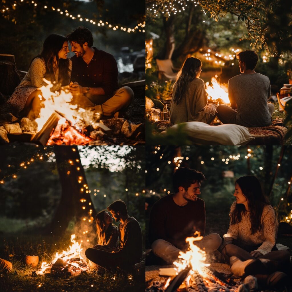 An intimate bonfire proposal on a cozy September evening, with fairy lights and a warm fire creating a magical, romantic atmosphere.