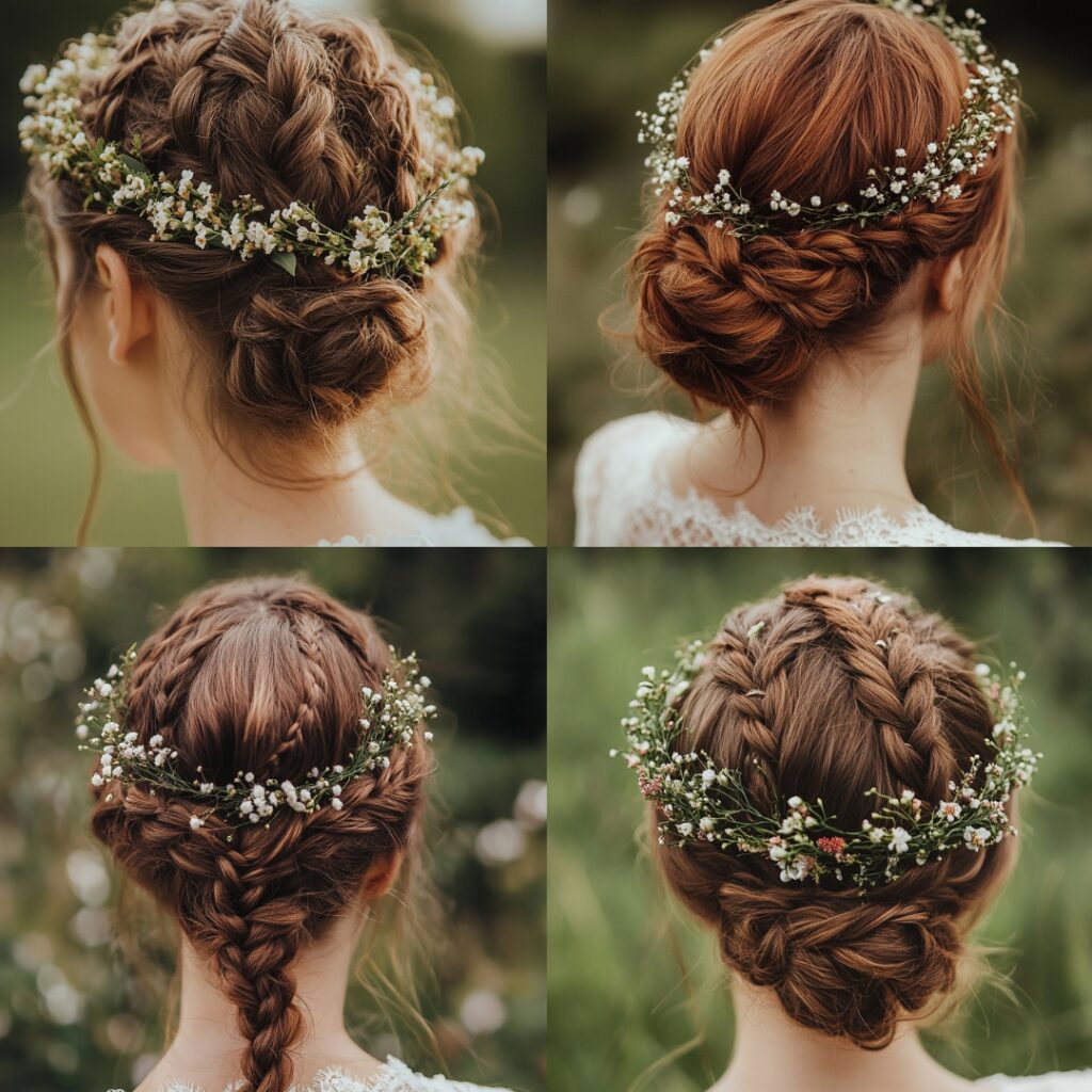 Close-up of a braided crown hairstyle adorned with small flowers and greenery, perfect for a unique bohemian bridal look.